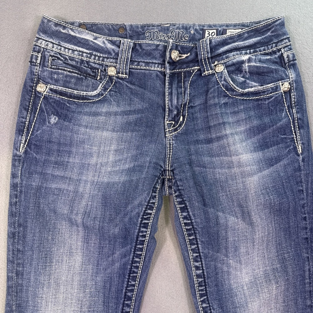 Miss Me Jeans Womens 30/32 Blue Denim Cross Bling Embelished Signature Boot - Picture 3 of 12